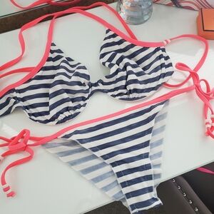 Body Glove Navy and Pink Striped Bikini Top 34DD, Bottom S